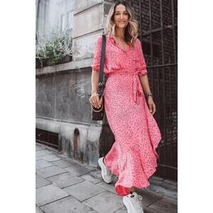 Ganni Barra Pink Floral Wrap Maxi Dress